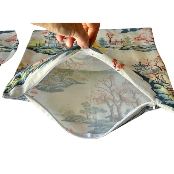 2 Plush 16” x 16” Pillow Covers Asian Scene Zipper Closure Multicolor - Picture 9 of 10